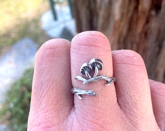 Bague en argent sterling avec champignons, forêt, fantaisie, bague magique, branche d'arbre de la forêt, réglable Royaume-Uni Sz J K L M N O P 142