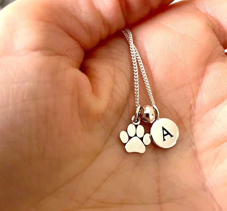 Personalised Paw Necklace, Silver Dog Paw Charm, Initial Disk, Gift for Pet Owner, Cat Gift for Her, Honor Pet Charm 1628 image 2