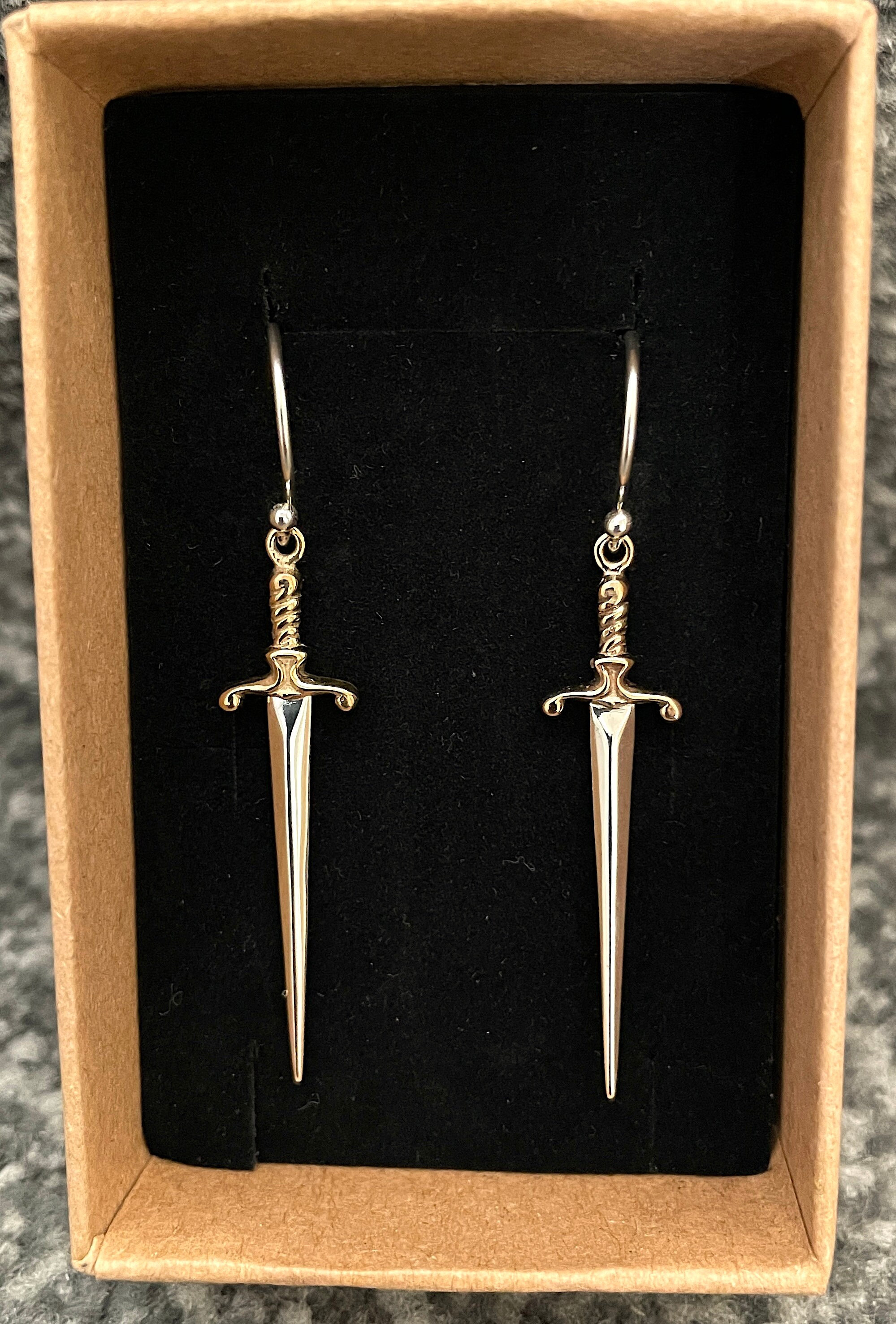 Silver Sword Earrings - Dagger Dangle Earrings - Bronze Handle - Excalibur Knight Viking Norse Medieval Jewelry Gift for Men and Women 6498
