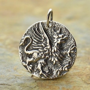 Silver Men&#39;s Coin Pendant, Sterling Silver Griffin Pendant Necklace, Ancient Greek Coin Replica Charm, Mythology Strength Wisdom 1088