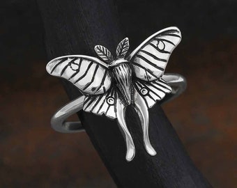 Bague papillon de nuit luna en argent sterling 925, bague fantaisie, forêt boisée, bague en métal argenté recyclé UK Sz N P 247