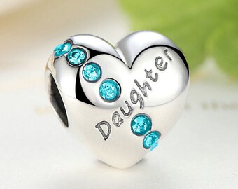 Daughter Charm Love Heart Bead / Genuine 925 Sterling Silver / Fits European and Pandora Bracelet / 4.5mm Hole Family Turquoise Blue