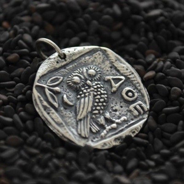 Antike Münze Charm Eule der Athene Silber griechisch / Replikat Charm Sterling Silber Snack Kette Halskette / Mythologie / Herrenschmuck Frauen 886