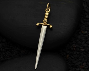 Collier épée en argent avec poignée en bronze / poignard breloque chevaliers Excalibur / viking nordique médiéval / bijoux homme femme 6498