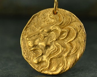 Mens Coin Pendant / Gold Necklace Gift for Boyfriend / Lion Head Charm / Ancient Coin Replica Greek / Mythology / G1108
