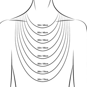 May include: A line drawing of a person's neck and shoulders with different necklace lengths marked in inches and centimeters. The lengths range from 16 inches to 30 inches, or 40 centimeters to 75 centimeters.