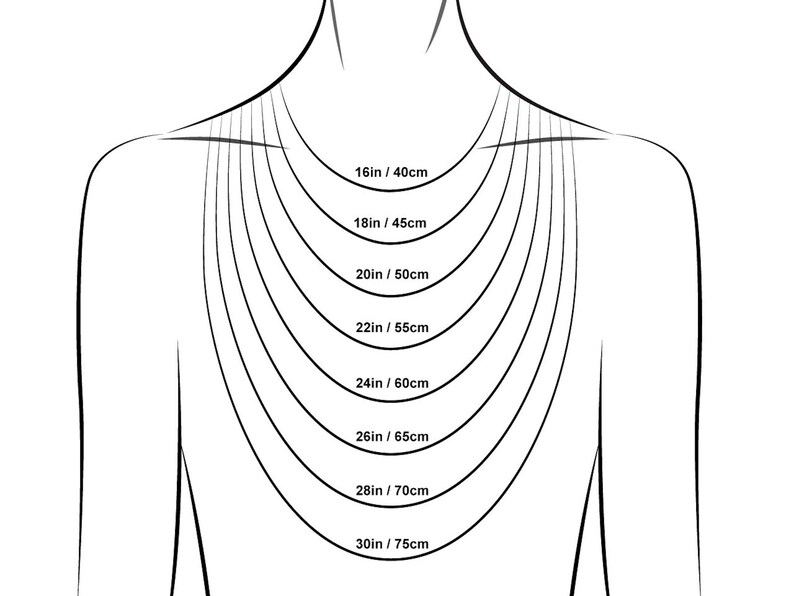 May include: A line drawing of a person's neck and shoulders with different necklace lengths marked in inches and centimeters. The lengths range from 16 inches to 30 inches, or 40 centimeters to 75 centimeters.