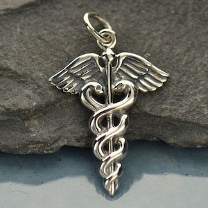 Staff of Hermes, Silver Caduceus Necklace, Gift for Doctor, Gift for Nurse, Rod of Asclepius, Medical Student Gift 1408