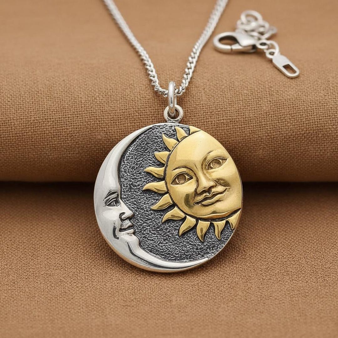 Sun and Moon Sterling Silver Pendant, Celestial Face Jewellery, Gold ...