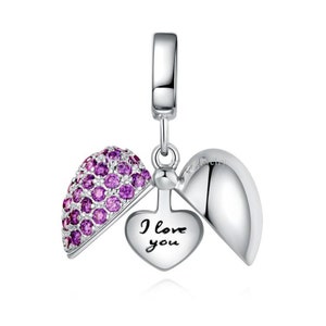 I Love You Heart, Dangle Charm Opens, Genuine 925 Sterling Silver Bead, Purple Crystals, Fits European and Pandora Bracelet, 4.5mm Hole