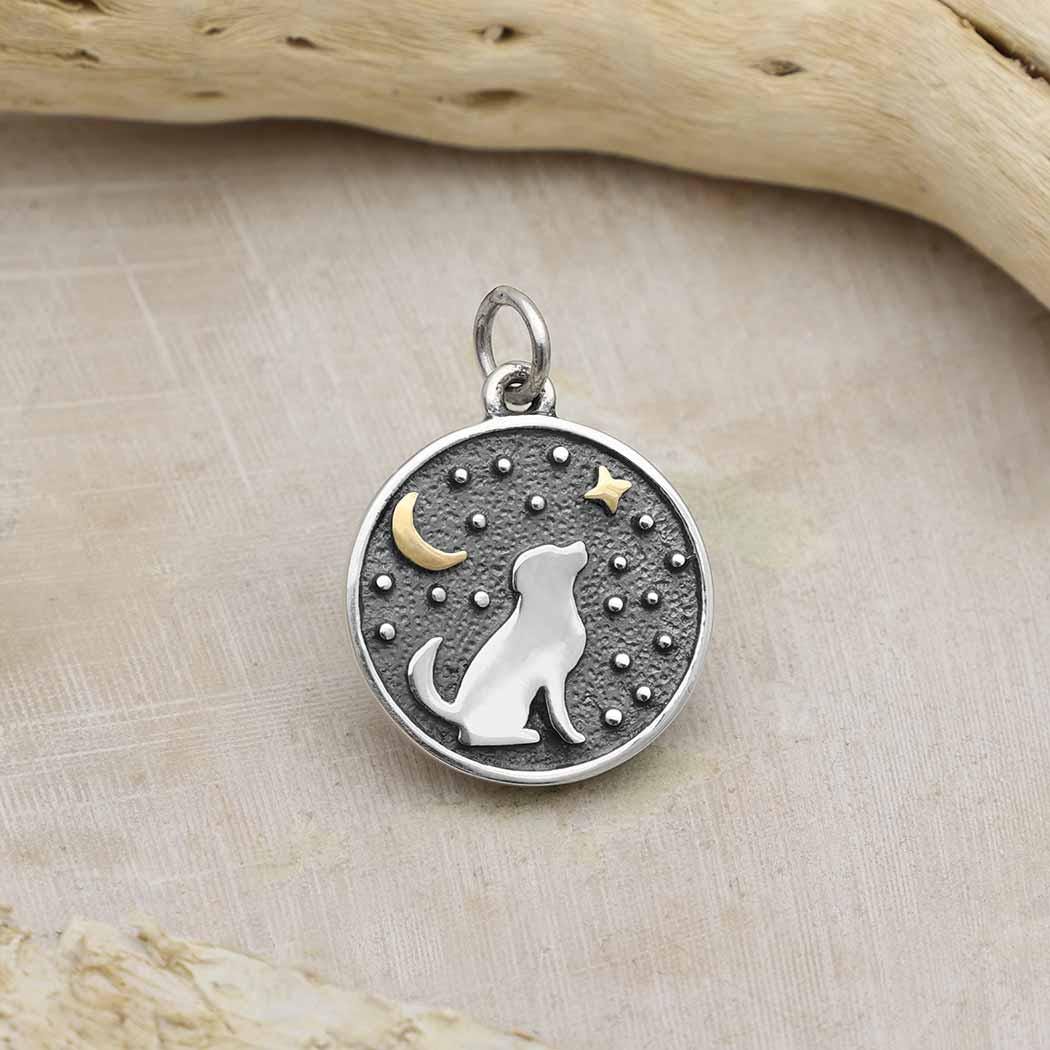 Sterling Silver Gazing Dog Charm, Bronze Star & Moon Pendant, Pet Memorial Jewelry, Loyal Guardian Necklace, Celestial Dog Lover Gift 6718
