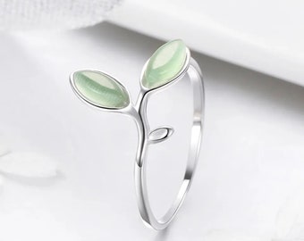 Sterling Silver Ring with Dual Light Green Gemstones – Women's Elegant Nature-Inspired Jewelry, Minimalist Style, Handcrafted Gift