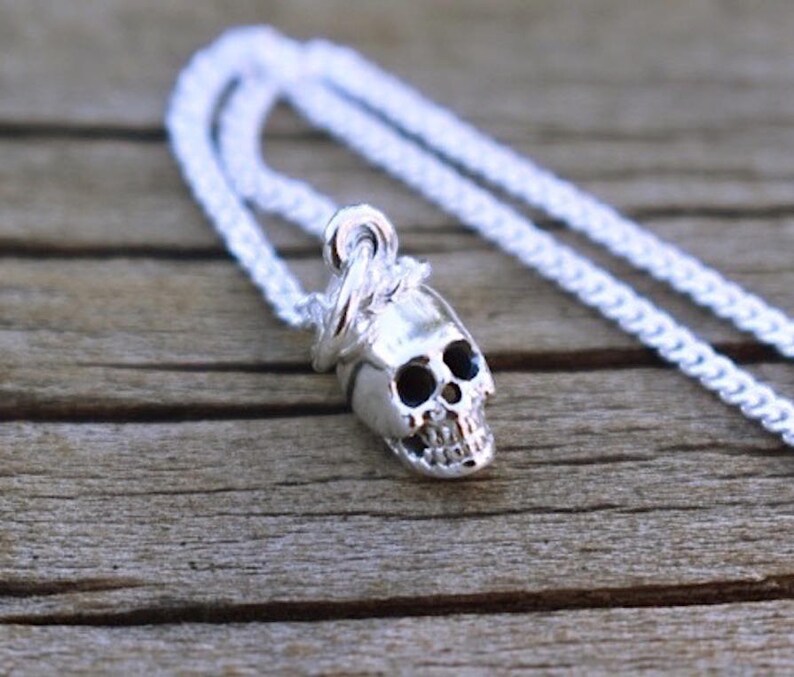 May include: A silver chain necklace with a small silver skull pendant. The skull is detailed with eye sockets and a jawline.