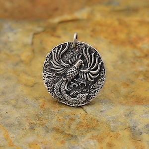 Mens Coin Pendant, Phoenix Bird Pendant, 925 Sterling Silver Ancient Charm Necklace, Thick Snake Chain, Mythology Immortal Rebirth 6269