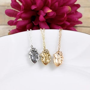 May include: Three silver, gold, and rose gold necklaces with anatomical heart pendants. The necklaces are displayed on a white surface.