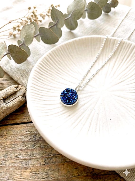 Sterling Silver Druzy Necklace, 8mm Round Drusy Pendant, Violet Purple Blue Glitter Stone, Simple Minimalist Bezel