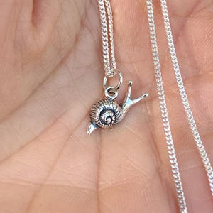 May include: A silver chain necklace with a small snail charm. The snail is facing to the right and has a detailed shell.