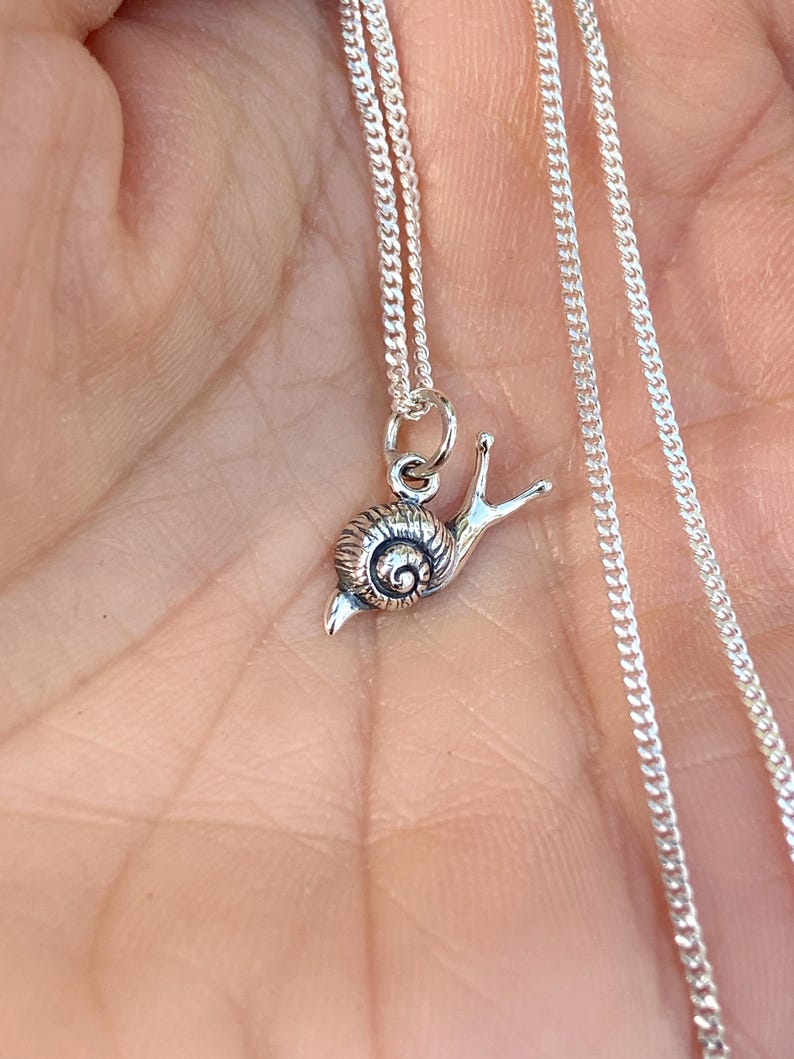 May include: A silver chain necklace with a small snail charm. The snail is facing to the right and has a detailed shell.