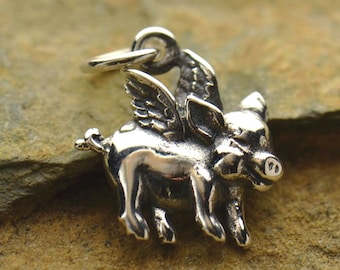 Sterling Silver Flying Pig Charm Necklace Bracelet / Animal Lover Swine / Pig with Wings / Piglet Farm / Birthday Gift 1216