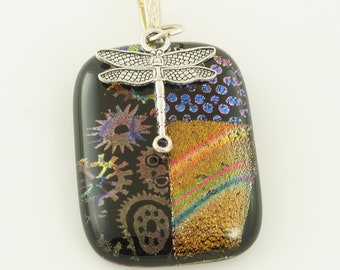 Pendant Steampunk with Dragonfly charm in beautiful tones of blue dichroic glass A-7