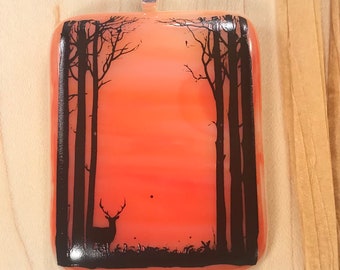 Orange fused glass pendant with deer in woods image on surface F-11
