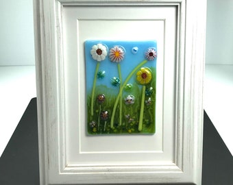 Fused Glass flower garden in wooden picture Frame ART-7