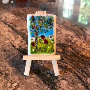 Fused glass flower landscape tile with miniature easel