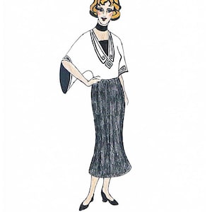 Puede incluir: Una ilustración en blanco y negro de una mujer con una blusa blanca con un patrón geométrico negro y una falda negra. El título "Art Nouveau Blouse Moira" está por encima de la ilustración. El texto "Copyright Tanja Wendel-Lindinger" está debajo de la ilustración.