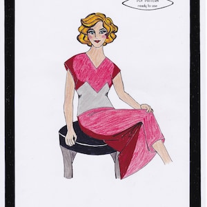 May include: A line drawing of a woman wearing a pink and grey Art Deco style dress. The woman is sitting on a stool and has short blonde hair. The image is titled "Art Deco Shirt Elaine" and includes the text "PDF PATTERN ready to use".