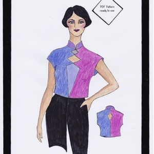 May include: A digital illustration of a woman wearing a blue and pink Art Deco blouse with a keyhole neckline. The illustration is framed with a black and white geometric border. The text "Art Deco Blouse Lois" and "PDF Pattern ready to use" is included in the image. The text "Copyright Tanja Wendel-Lindinger" is at the bottom of the image.