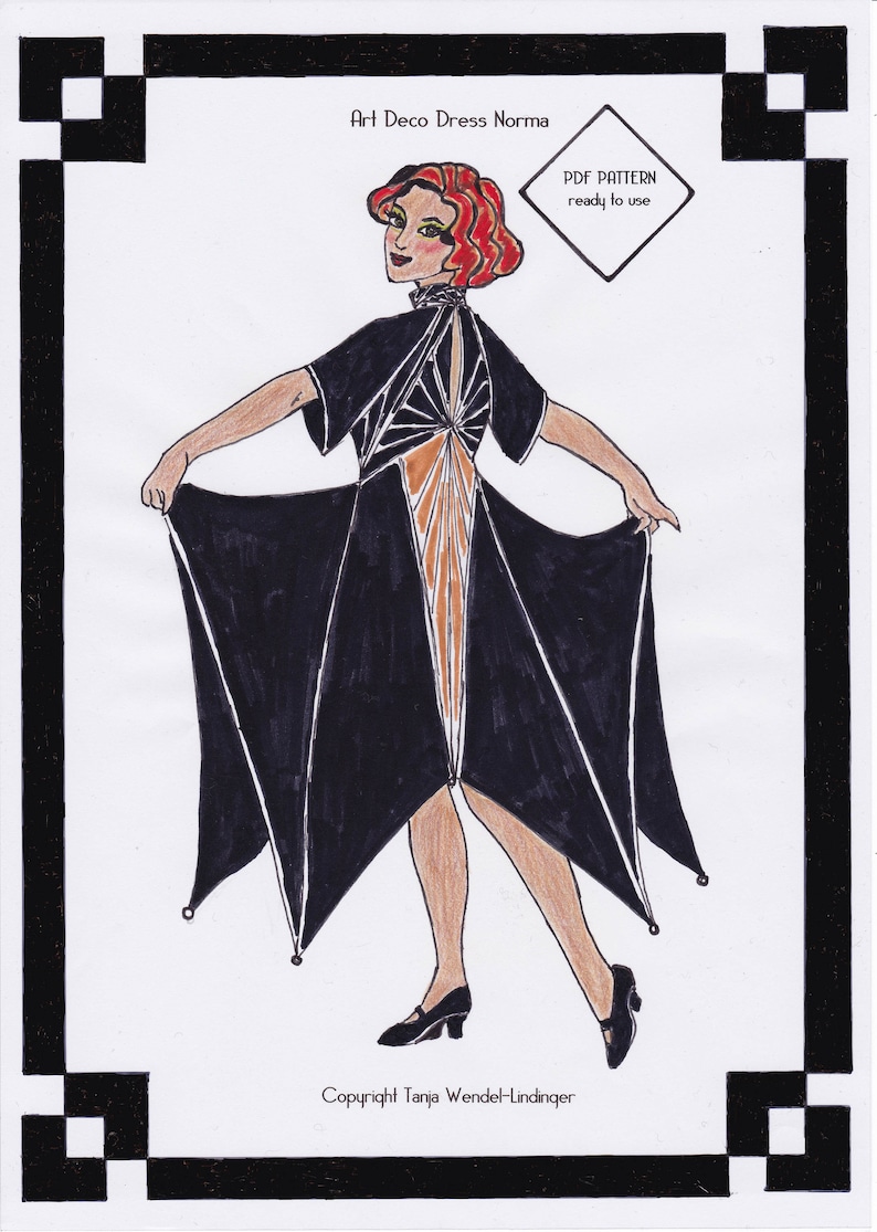 Pode incluir: Uma ilustra&ccedil;&atilde;o em preto e branco de uma mulher vestindo um vestido preto Art Deco com padr&otilde;es geom&eacute;tricos. O vestido tem costas baixas e uma saia longa e fluida. A mulher est&aacute; usando cabelo ruivo e tem uma express&atilde;o neutra. O texto "Art Deco Dress Norma" e "PDF PATTERN ready to use" &eacute; vis&iacute;vel na imagem. O texto "Copyright Tanja Wendel-Lindinger" tamb&eacute;m &eacute; vis&iacute;vel na imagem.
