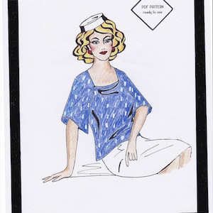 May include: A digital illustration of a woman wearing a blue and white patterned blouse with a white hat. The illustration is labeled "Blouse Tuppence" and "PDF Pattern ready to use". The text "Copyright Tanja Wendel-Lindinger" is at the bottom of the image.