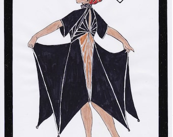 Pode incluir: Uma ilustração em preto e branco de uma mulher vestindo um vestido preto Art Deco com padrões geométricos. O vestido tem costas baixas e uma saia longa e fluida. A mulher está usando cabelo ruivo e tem uma expressão neutra. O texto "Art Deco Dress Norma" e "PDF PATTERN ready to use" é visível na imagem. O texto "Copyright Tanja Wendel-Lindinger" também é visível na imagem.
