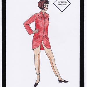 以下が含まれることがあります： ボタン留めの赤いジョドプールジャケットで、長くぴったりとしたシルエットです。ジャケットは白い背景に描かれており、「Jodhpur Jacket Delhi」と「PDF PATTERN ready to use」というテキストが菱形の中に書かれています。「Copyright Tanja Wendel-Lindinger」というテキストが画像の下にあります。