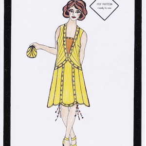 Puede incluir: Una ilustración digital de un vestido amarillo con detalles marrones y verdes. El vestido tiene un escote en V y un corpiño ajustado. La falda es amplia y fluida. La modelo lleva el vestido con un bolso marrón y zapatos marrones. El texto "Sunflower Dress Solveig" y "PDF PATTERN ready to use" es visible en la imagen. Copyright Tanja Wendel-Lindinger también es visible en la imagen.