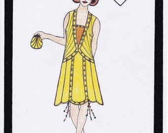 Pode incluir: Uma ilustração digital de um vestido amarelo com detalhes marrons e verdes. O vestido tem um decote em V e um corpete ajustado. A saia é ampla e fluida. A modelo está usando o vestido com uma bolsa marrom e sapatos marrons. O texto "Sunflower Dress Solveig" e "PDF PATTERN ready to use" é visível na imagem. Copyright Tanja Wendel-Lindinger também é visível na imagem.