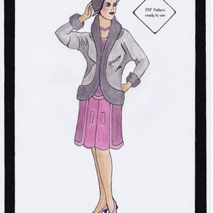 Puede incluir: Una ilustración en blanco y negro de una mujer con un abrigo gris, una falda rosa y un sombrero negro. El texto "Cocoon Coat Agatha" y "PDF Pattern ready to use" es visible en la imagen. El texto "Copyright Tanja Wendel-Lindinger" está en la parte inferior de la imagen.