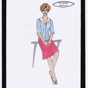 May include: A digital illustration of a woman wearing a blue and white striped blouse, a red skirt, and a brown hat. She is sitting on a chair with her legs crossed. The image is framed with a black border and includes the text "Ahoi Blouse Sally" and "PDF PATTERN ready to use".