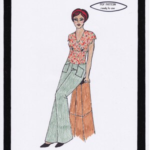 May include: A digital illustration of a woman wearing a green pair of pants and a red and orange floral blouse. The woman is sitting on a brown block. The text "Pants Greta" and "PDF PATTERN ready to use" is visible in the image. The text "Copyright Tanja Wendel-Lindinger" is also visible in the image.