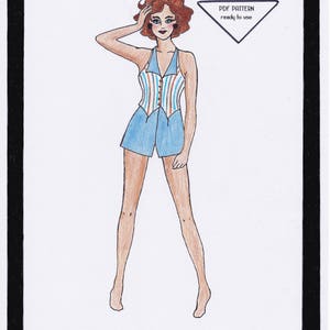 May include: Illustration of a woman in a blue romper with a striped top, from a "Beach Suit Candy" PDF pattern. The image has a black and white border and text that says "PDF PATTERN ready to use".