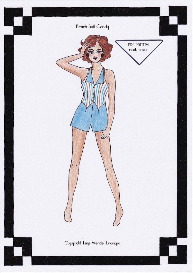 PDF Pattern Size US4UK8DE34 and US6UK10DE36 1920s Beach Suit Candy