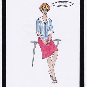 May include: A digital illustration of a woman wearing a blue and white striped blouse, a red skirt, and a brown hat. She is sitting on a chair with her legs crossed. The image is framed in black and white with the text "Ahoi Blouse Sally" and "PDF PATTERN ready to use" at the top. The text "Copyright Tanja Wendel-Lindinger" is at the bottom.
