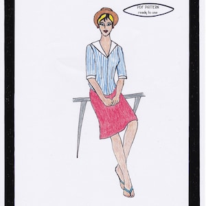May include: A digital illustration of a woman wearing a blue and white striped blouse, a red skirt, and a brown hat. She is sitting on a chair with her legs crossed. The image is framed with a black border and includes the text "Ahoi Blouse Sally" and "PDF PATTERN ready to use".