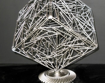 Welded Nail Cube Sculpture – Industrial Art, Automotive Gear Base, Modern Home Decor
