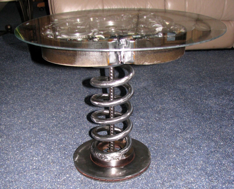 Custom Welded Modern Spiral Metal End Table With Round Glass