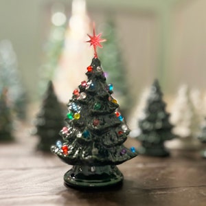 6 inch green ceramic Christmas tree with multi-colored lights
