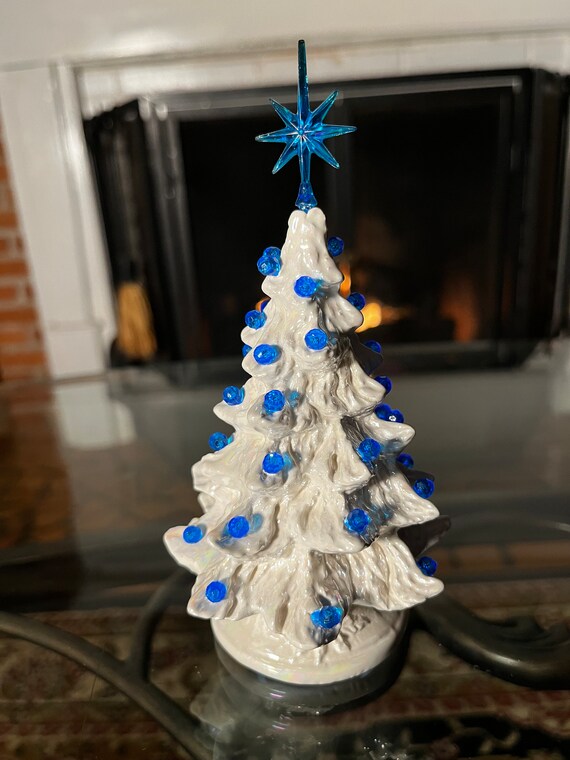 Ceramic white christmas tree with blue lights Clearance