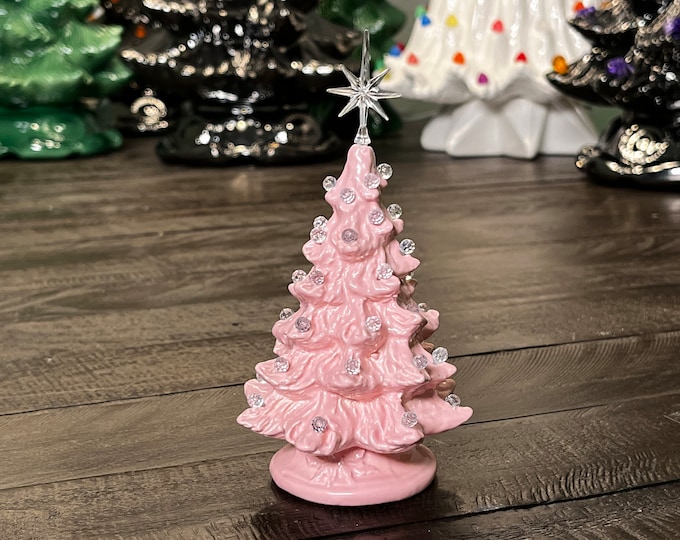 Ceramic Christmas Tree Lighted 14 Nowell Vintage Mold Pink Flocked Star