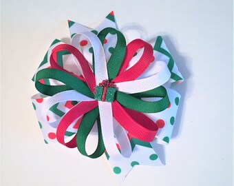 Christmas Hair Bow, Loopy Hair Bow, Red, Green and White Christmas Hair Bow