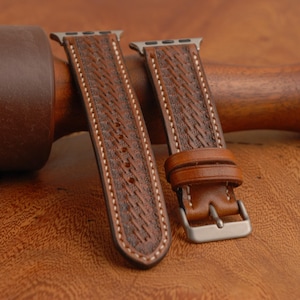 Handgemaakt, geweven leren Apple Watch-bandje, bruin
